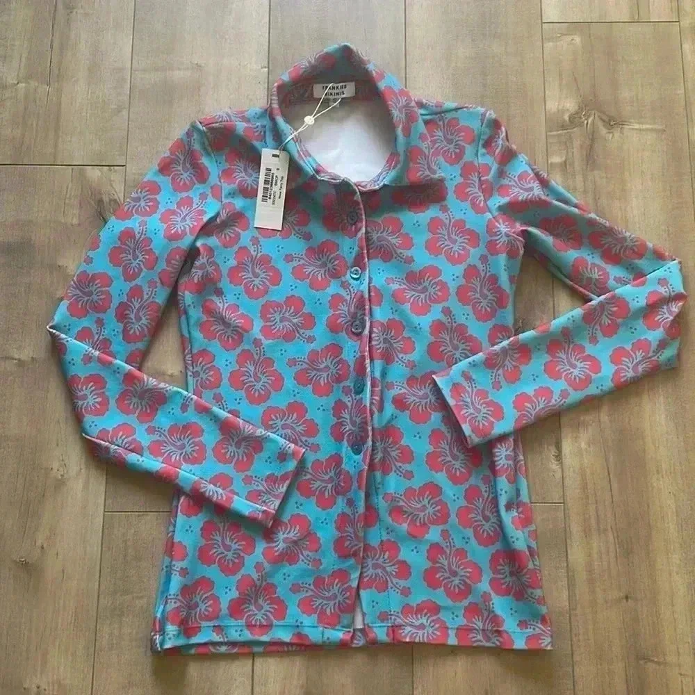 NWT Frankie’s Bikinis Nova Terry Floral Long Sleeve Button Up Blue Magic Sz S